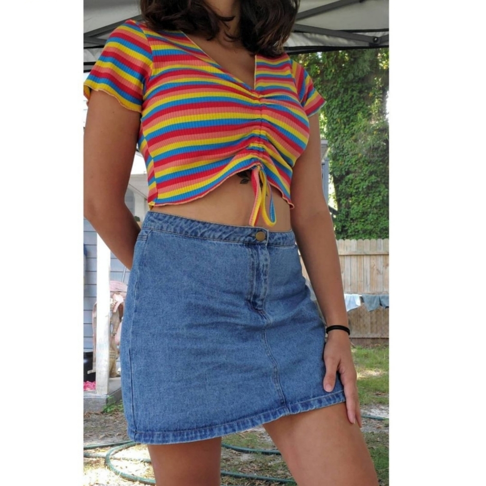 70's stripes & denim outfit